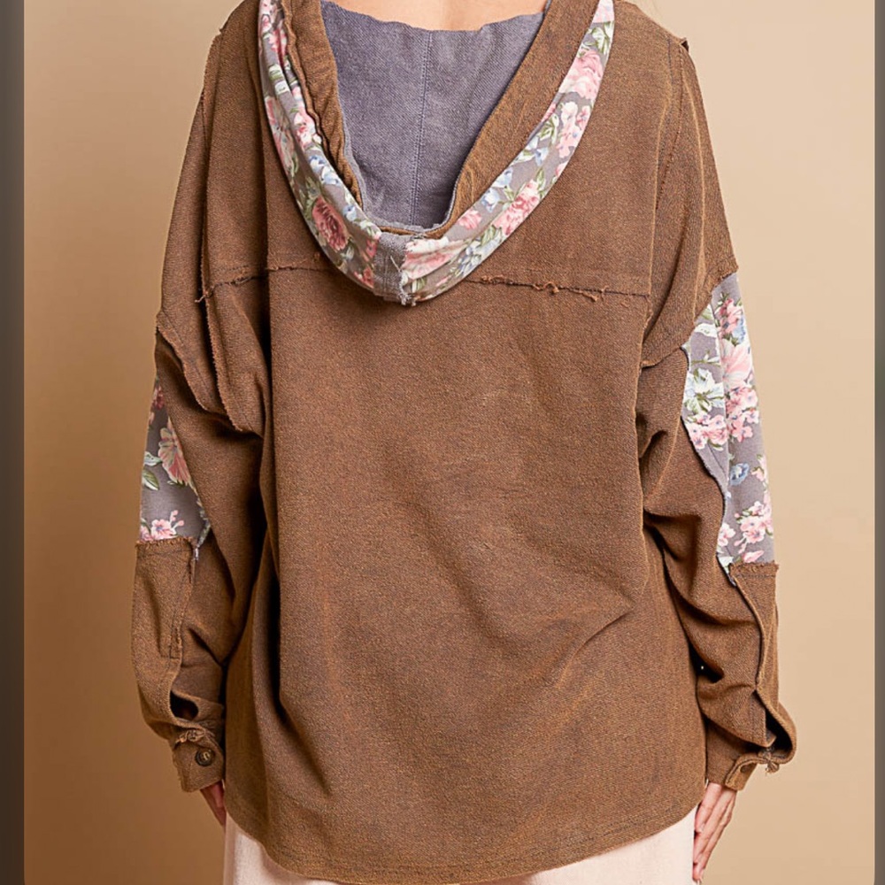 7. POL OVERSIZED Boho Rounded Neckline Hooded Long Sleeve Top Brown - Picture 3 of 3
